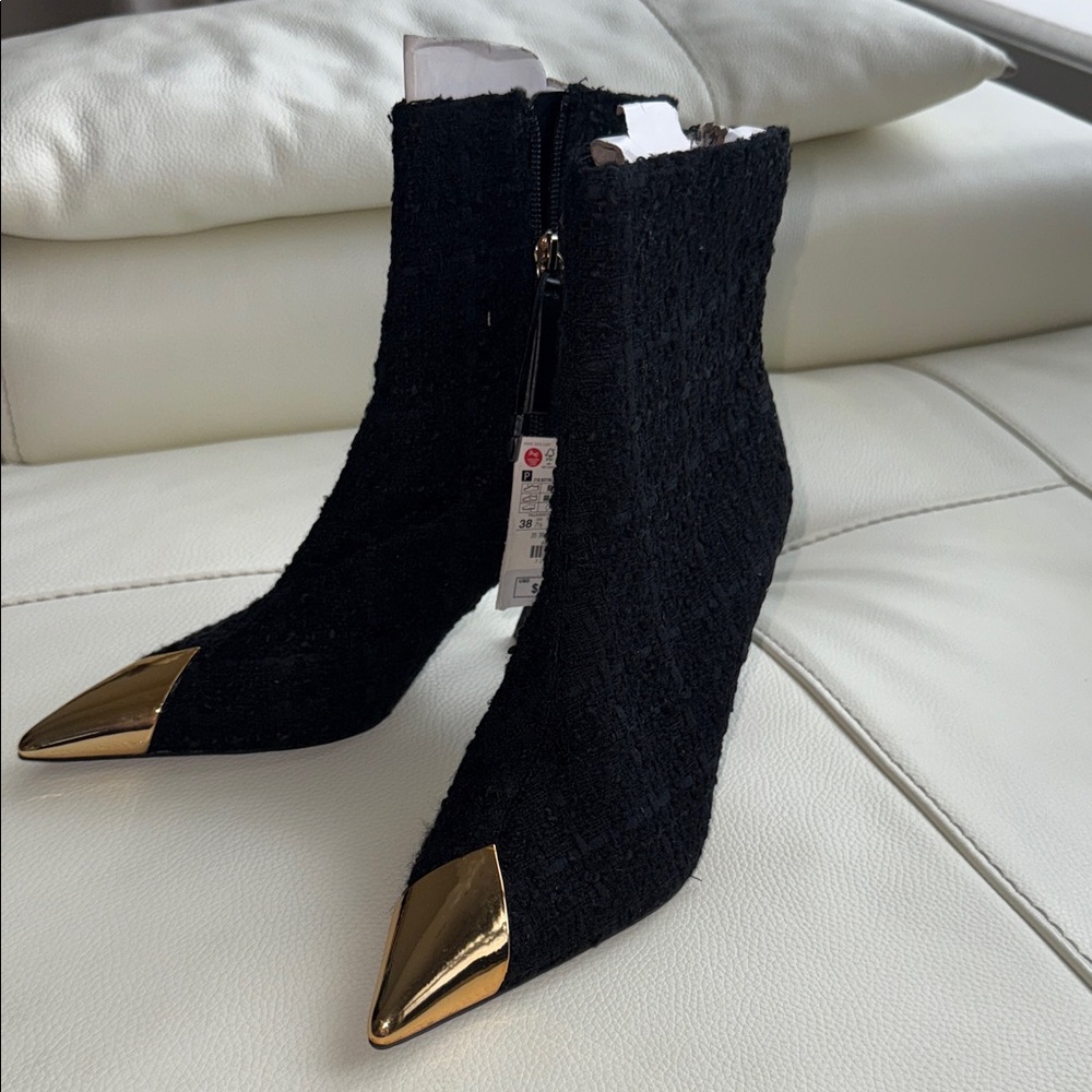Zara Black and‎ Gold Tweed Ankle Booties